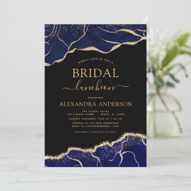Invitación Agate Navy Blue Bridal Shower Luncheon Gold Invite (Anverso de pie)
