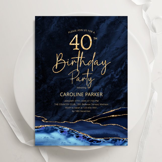 Invitación Agate Navy Blue Gold 40 cumpleaños (Subido por el creador)