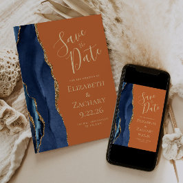 Invitación Agate Navy Blue Gold Burnt Naranja Save the Date
