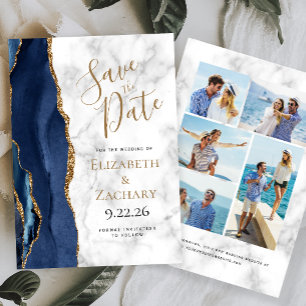 Invitación Agate Navy Blue Gold Marble 5-Foto Guardar la fech