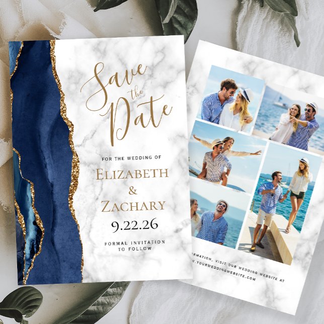 Invitación Agate Navy Blue Gold Marble 5-Foto Guardar la fech (Subido por el creador)