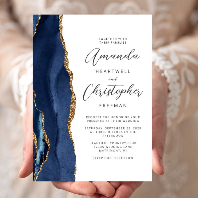 Invitación Agate Navy Blue Gold Script Boda (Subido por el creador)