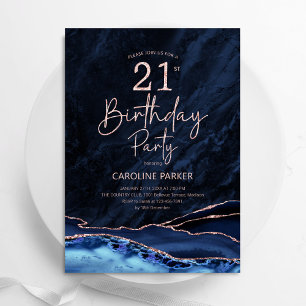 Invitación Agate Navy Blue Rosa Gold 21 cumpleaños