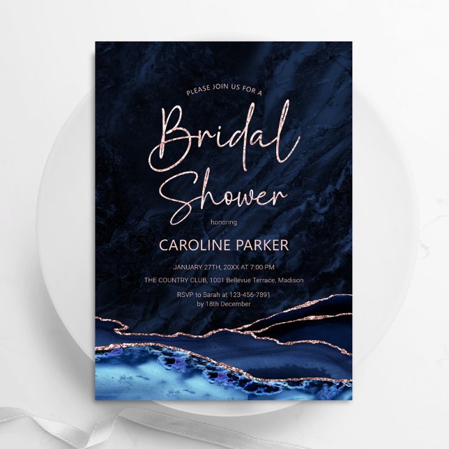 Invitación Agate Navy Blue Rosa Gold Bridal Shower (Subido por el creador)