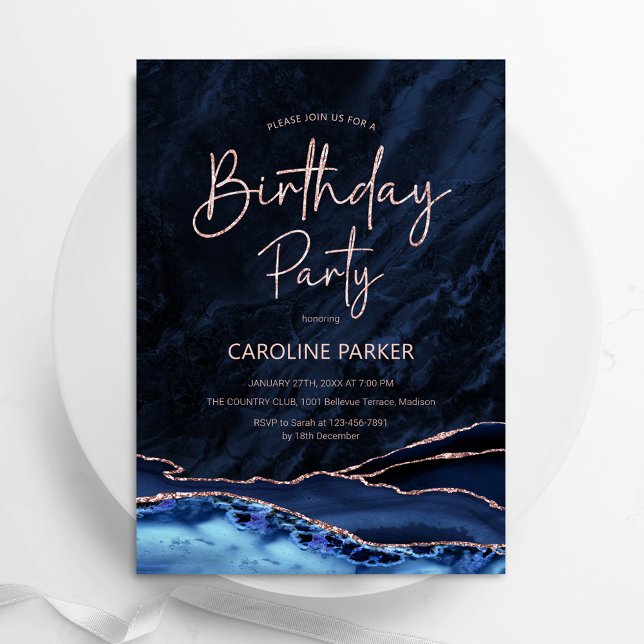 Invitación Agate Navy Blue Rosa Gold Cumpleaños Cualquier Eda (Subido por el creador)