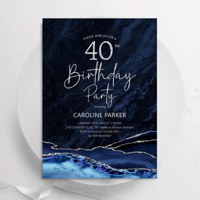 Invitación Agate Navy Blue Silver 40 cumpleaños (Subido por el creador)