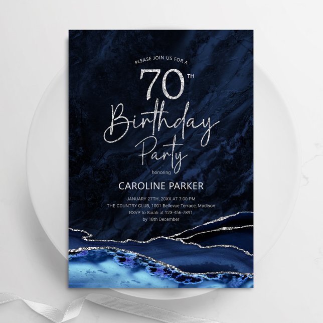 Invitación Agate Navy Blue Silver 70 cumpleaños (Subido por el creador)