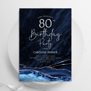 Invitación Agate Navy Blue Silver Cumpleaños 80