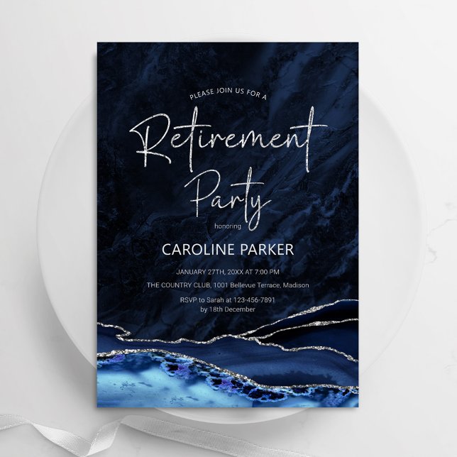 Invitación Agate Navy Blue Silver Retirement Fiesta (Subido por el creador)
