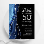 Invitación Agate Navy Silver Black Surprise 50 cumpleaños<br><div class="desc">La ágata azul marino, negro y plata sorprenden la invitación de la fiesta de cumpleaños número 50. Elegante diseño moderno con acuarela azul real agate mármol fondo geodésico, plateado falso purpurina y tipografía tipo letra de guión. La carta de invitación de moda es perfecta para una elegante celebración del cumpleaños...</div>