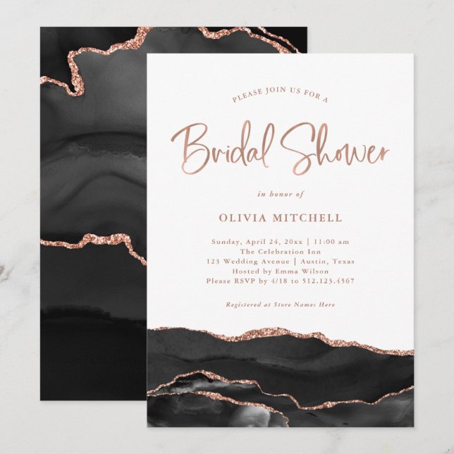 Invitación Agate negro con oro Rosa | Bridal Shower (Anverso / Reverso)