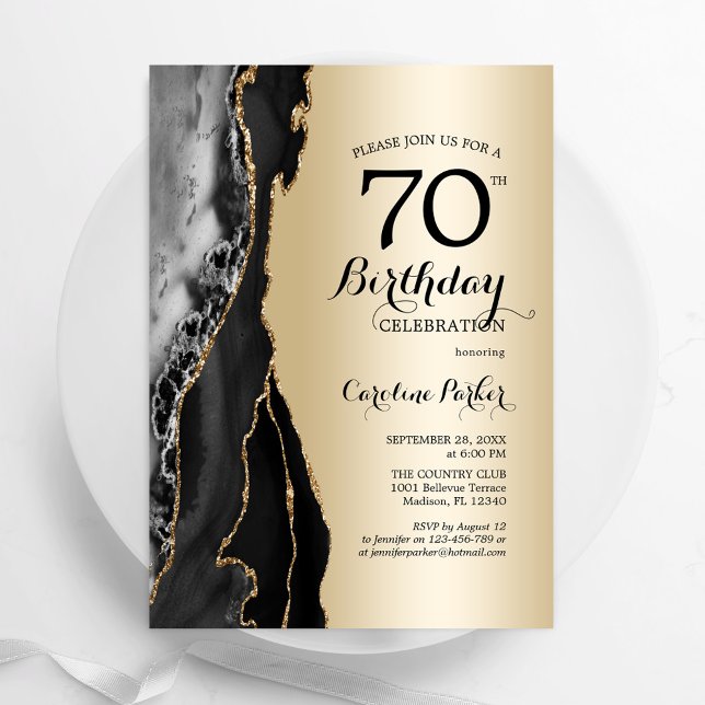 Invitación Agate negro de oro 70 cumpleaños (Subido por el creador)