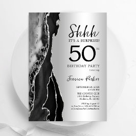 Invitación Agate negro plateado Sorpresa 50 cumpleaños