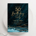 Invitación Agate Oro Verde azulado 50 cumpleaños<br><div class="desc">Invitación a la fiesta de 50 años verde azulada y de oro. Elegante diseño moderno con acuarela turquesa agate fondo de mármol geodésico, oro falso purpurina y letra de escritura tipográfica. La carta de invitación de moda es perfecta para una elegante celebración del cumpleaños de las mujeres. Invitaciones Zazzle impresas...</div>