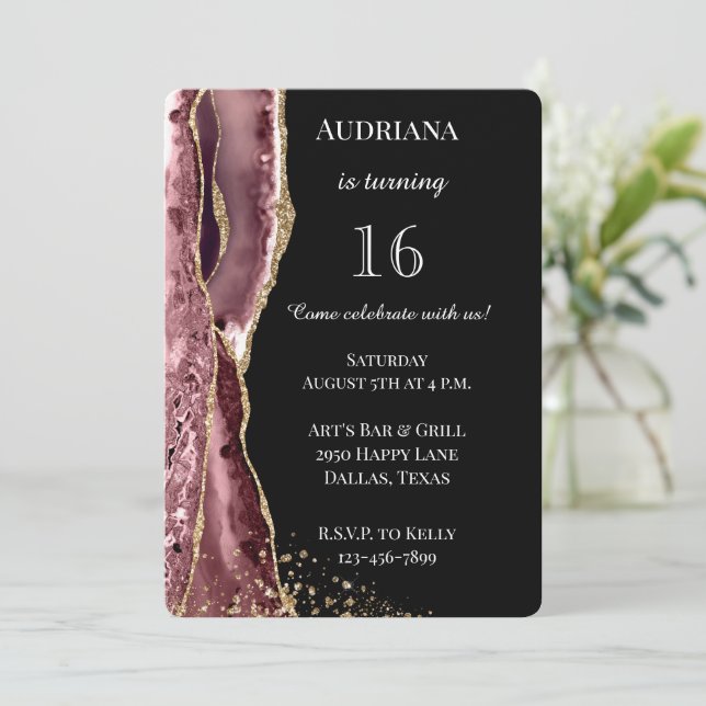 Invitación Agate Pink Black Rosa Gold Purpurina 16th Birthday (Anverso de pie)