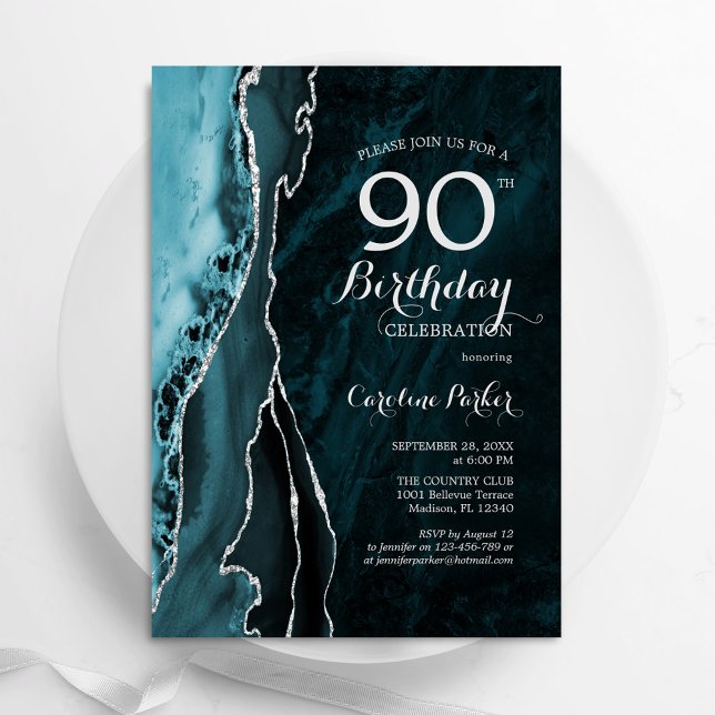 Invitación Agate plateado verde azulado 90 cumpleaños (Subido por el creador)