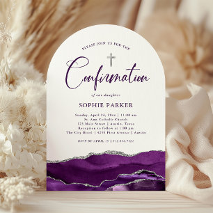 Invitación Agate plateado y morado y cruz   Confirmación