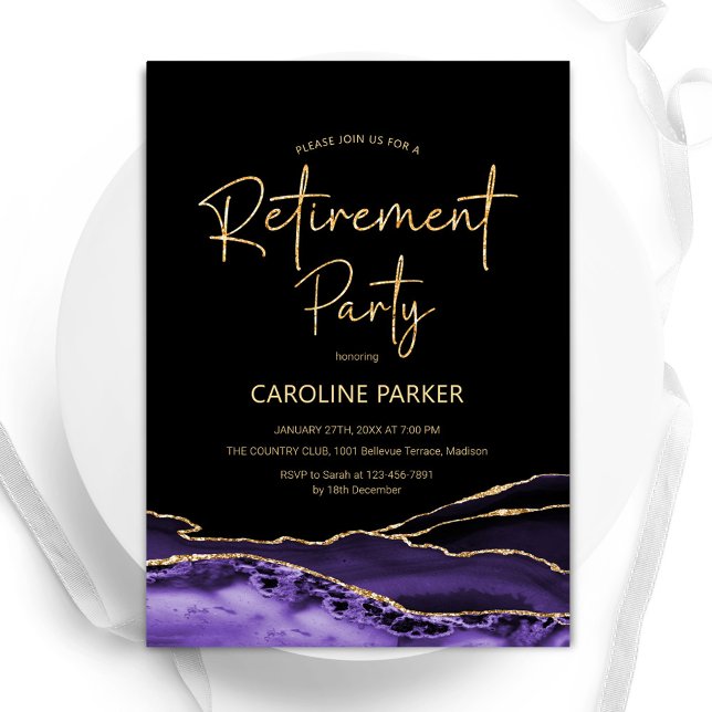Invitación Agate Purple Black Gold Retirement Fiesta (Subido por el creador)