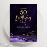 Invitación Agate Purple Gold 50 cumpleaños<br><div class="desc">Invitación a la fiesta de cumpleaños 50 años de morado y oro. Elegante diseño moderno con fondo geodésico de mármol agate acuarela, oro falso purpurina y tipografía de escritura. La carta de invitación de moda es perfecta para una elegante celebración del cumpleaños de las mujeres. Invitaciones Zazzle impresas o una...</div>
