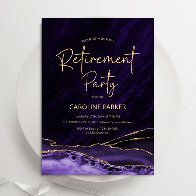 Invitación Agate Purple Gold Retirement Fiesta (Subido por el creador)