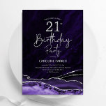 Invitación Agate Purple Silver 21º cumpleaños<br><div class="desc">Invitación a la fiesta de cumpleaños 21 de la ágata morada y plata. Elegante diseño moderno con fondo geodésico de mármol agate acuarela, letra falsa purpurina plateada y tipografía. La carta de invitación de moda es perfecta para una elegante celebración del cumpleaños de las mujeres. Invitaciones Zazzle impresas o una...</div>