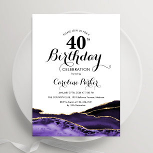Invitación Agate Purple White Gold 40 cumpleaños
