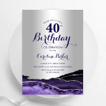 Invitación Agate púrpura plateado 40 cumpleaños<br><div class="desc">Invitación a la fiesta de cumpleaños 40 años morado y plata. Elegante diseño moderno con fondo geodésico de mármol agate acuarela, letra falsa purpurina plateada y tipografía. La carta de invitación de moda es perfecta para una elegante celebración del cumpleaños de las mujeres. Invitaciones Zazzle impresas o una plantilla imprimible...</div>