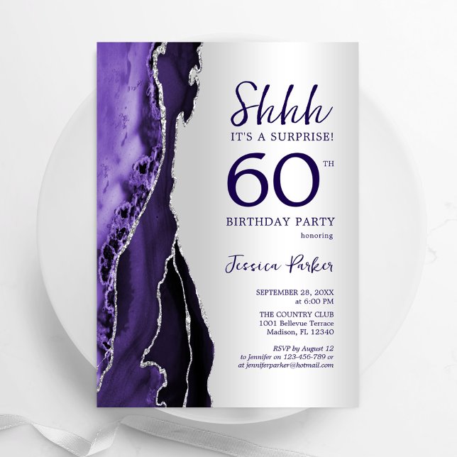 Invitación Agate púrpura plateado Sorpresa 60 cumpleaños (Subido por el creador)