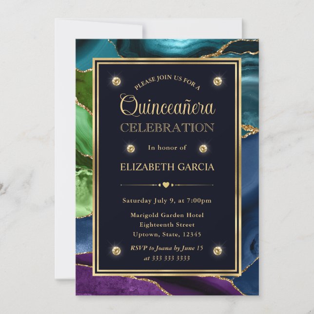 Invitación Agate Purpurina azul, verde y dorado Quinceanera (Anverso)
