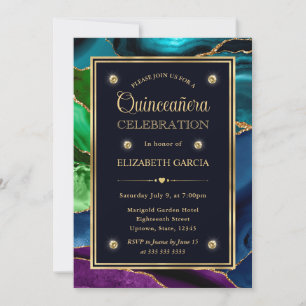 Invitación Agate Purpurina azul, verde y dorado Quinceanera