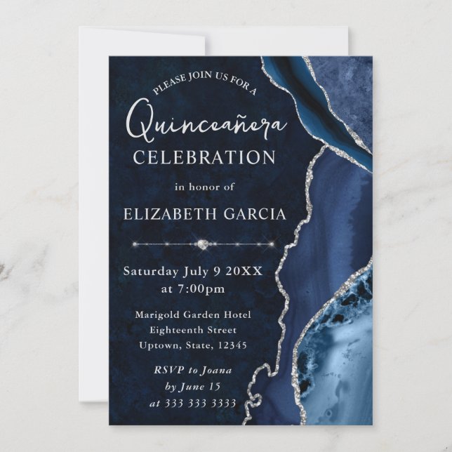 Invitación Agate Purpurina azul y plata Quinceanera (Anverso)