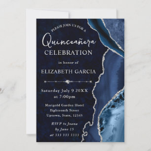 Invitación Agate Purpurina azul y plata Quinceanera
