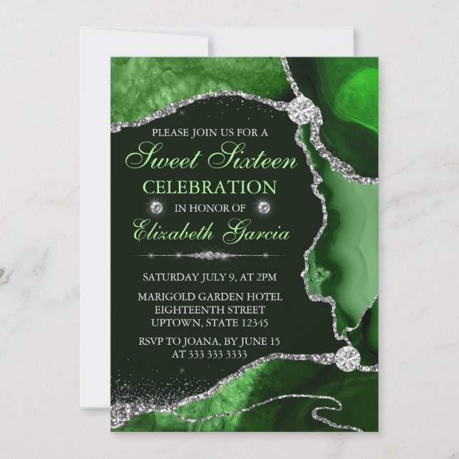 Invitación Agate, Purpurina de Faux verde y plateado, dulce d (Anverso)
