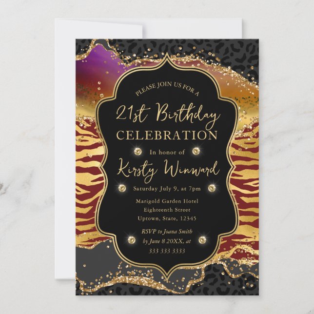 Invitación Agate, Purpurina de Safari de la Selva, cumpleaños (Anverso)