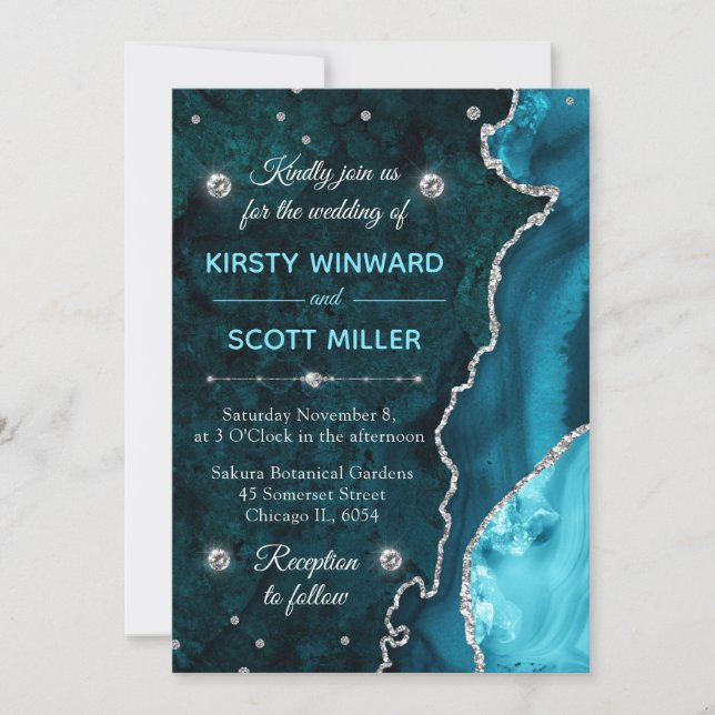 Invitación Agate Purpurina verde azulado y plateado y Boda de (Anverso)
