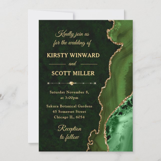Invitación Agate Purpurina verde y dorado y Boda de mármol (Anverso)