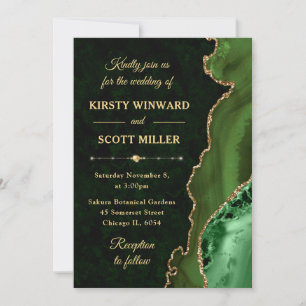 Invitación Agate Purpurina verde y dorado y Boda de mármol