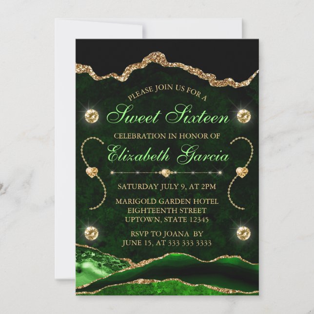 Invitación Agate Purpurina verde y dorado y dulce de mármol 1 (Anverso)