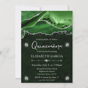 Invitación Agate Purpurina verde y plata Quinceanera