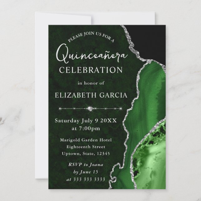 Invitación Agate Purpurina verde y plata Quinceanera (Anverso)