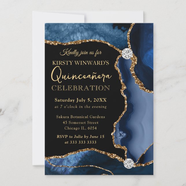 Invitación Agate Quinceanera, Purpurina de imitación azul y o (Anverso)