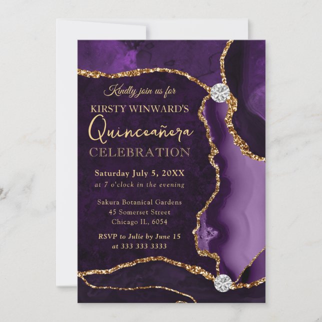 Invitación Agate Quinceanera, Purpurina de imitación morada y (Anverso)