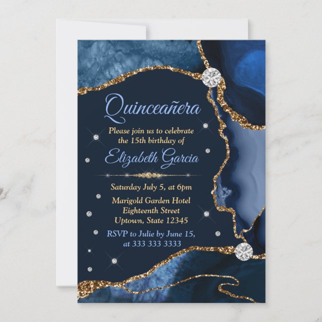 Invitación Agate Quinceanera, Purpurina de los Faux azules y  (Anverso)
