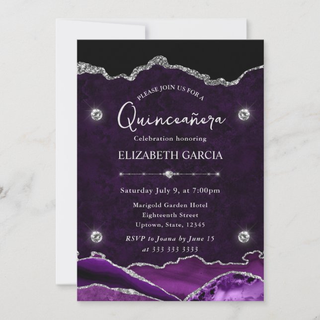 Invitación Agate Quinceanera, Purpurina morado y plateado (Anverso)