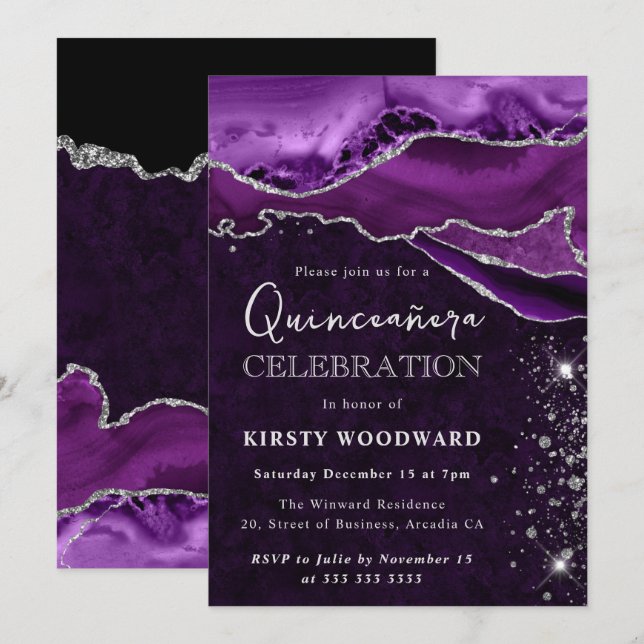 Invitación Agate Quinceanera, Purpurina morado y plateado (Anverso / Reverso)