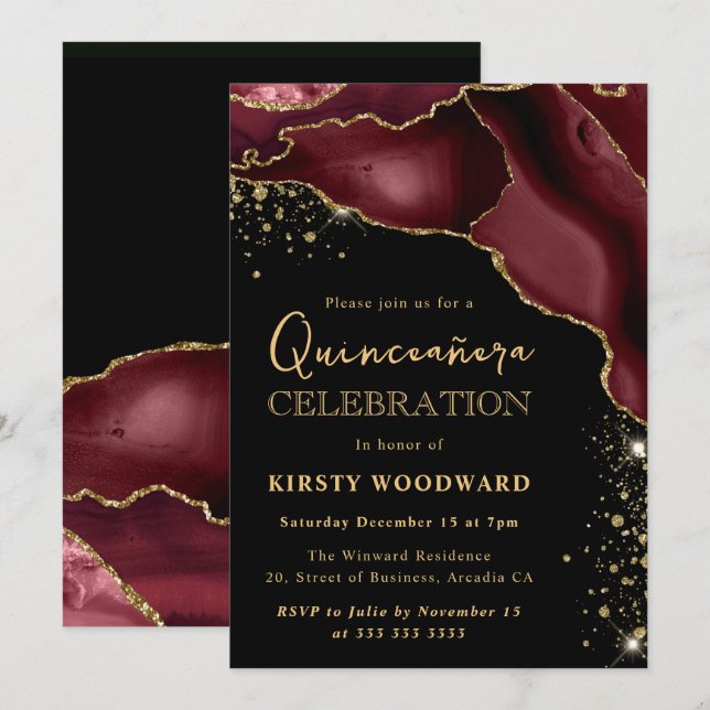 Invitación Agate Quinceanera, Purpurina rojo y oro de Borgoña (Anverso / Reverso)