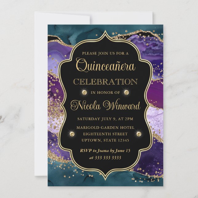 Invitación Agate Quinceanera, Purpurina verde azulado, morado (Anverso)