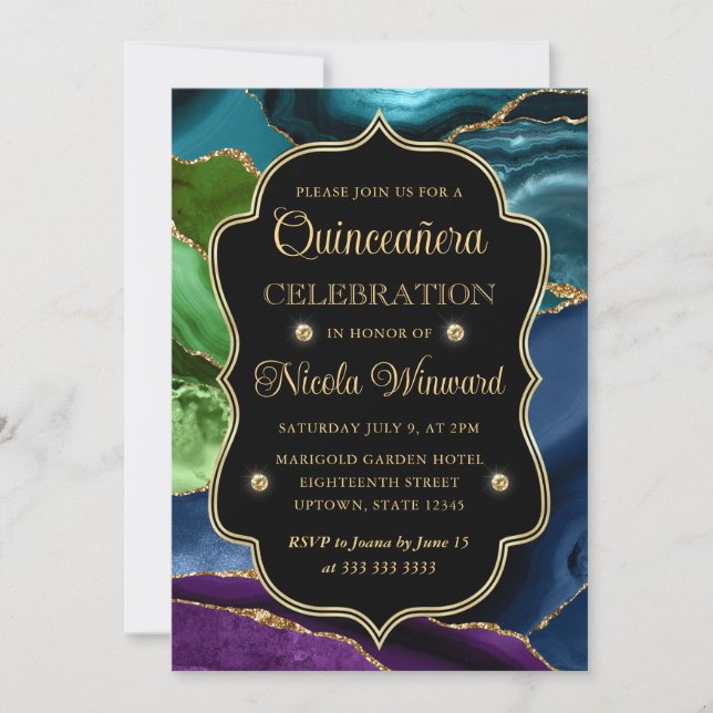 Invitación Agate Quinceanera, Purpurina verde azulado, morado (Anverso)