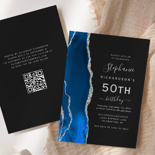 Invitación Agate real de plata azul código QR 50 cumpleaños