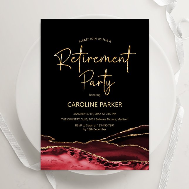 Invitación Agate Red Black Gold Retirement Fiesta (Subido por el creador)